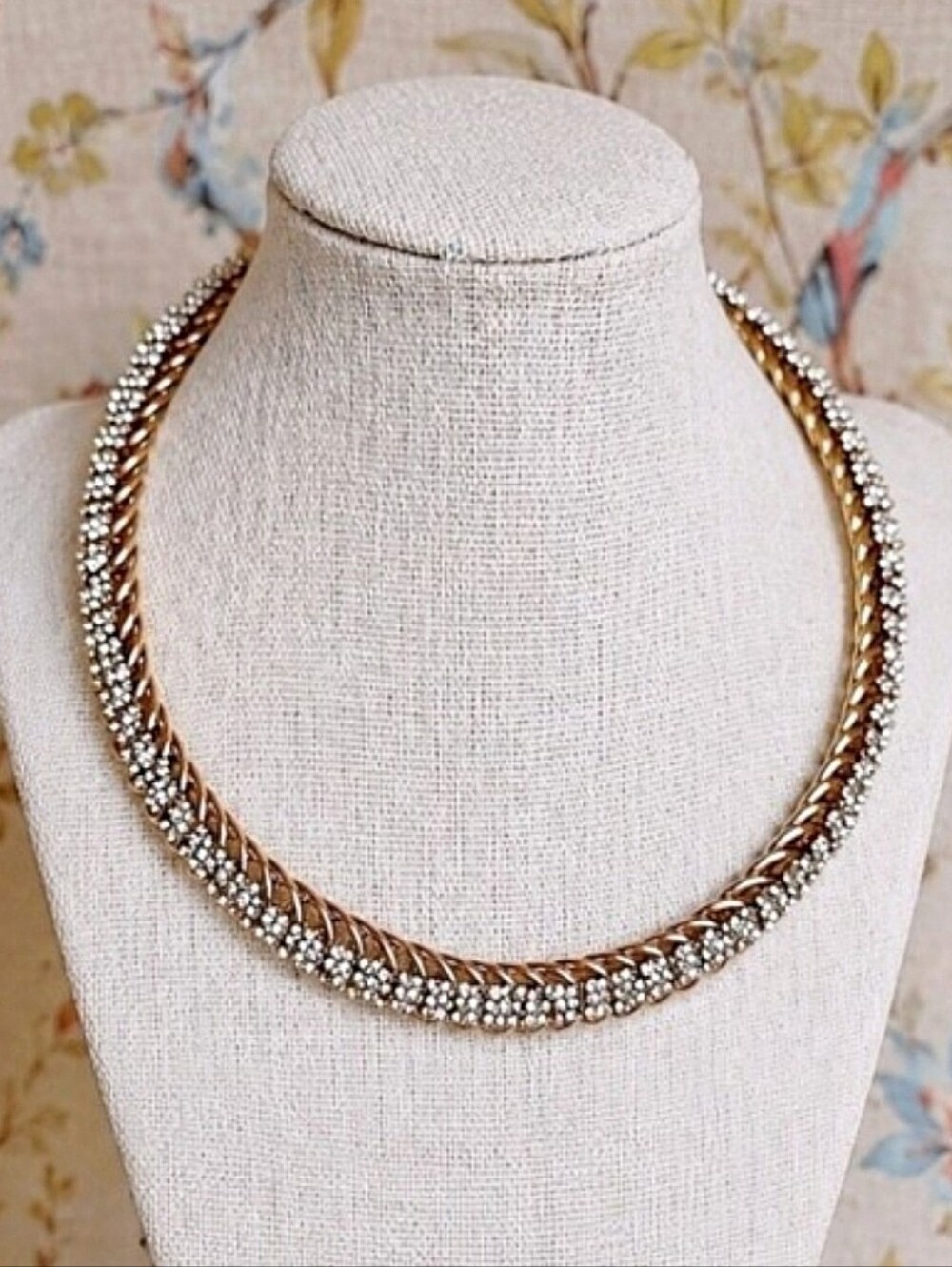 Vintage Coiled Spiral Chain Collar Bib Necklace Brass Tone Clear Rhinestones EUC